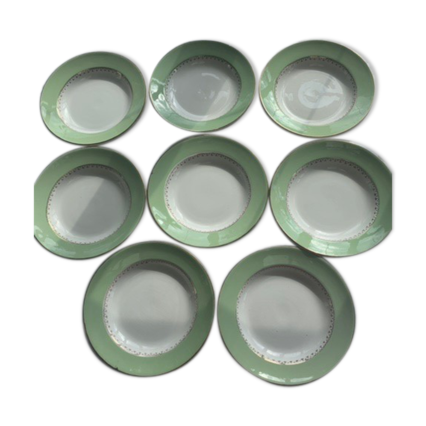 8 hollow plates in mint green and white earthenware, vintage 1950/60s L'Amandinoise