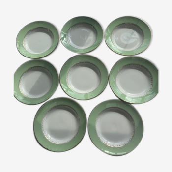 8 assiettes creuses en faïence vert mint et blanche, L'Amandinoise vintage 1950/60