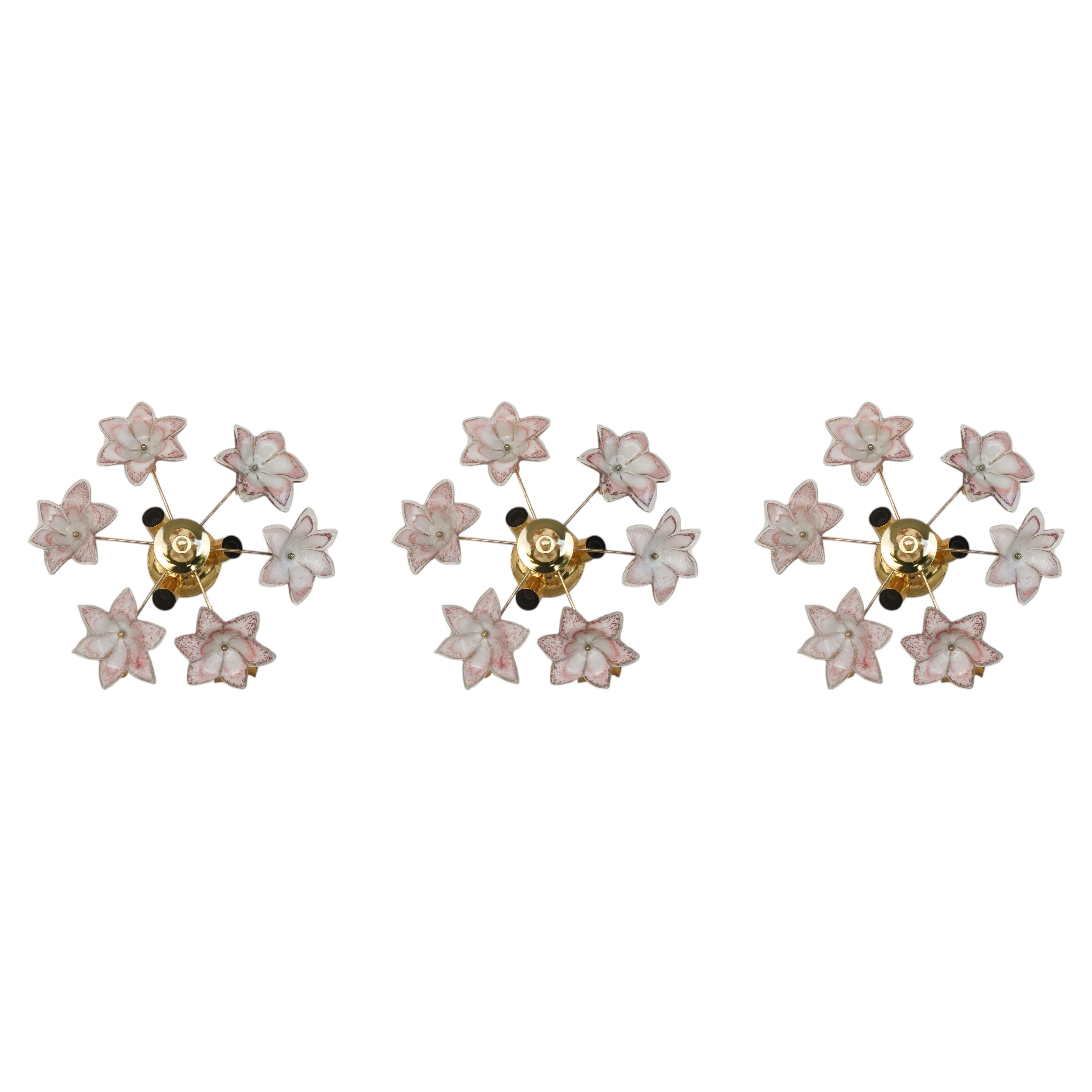 Set of 3 Charming Murano Vintage Ceiling Light Pink Flowers, 1970s