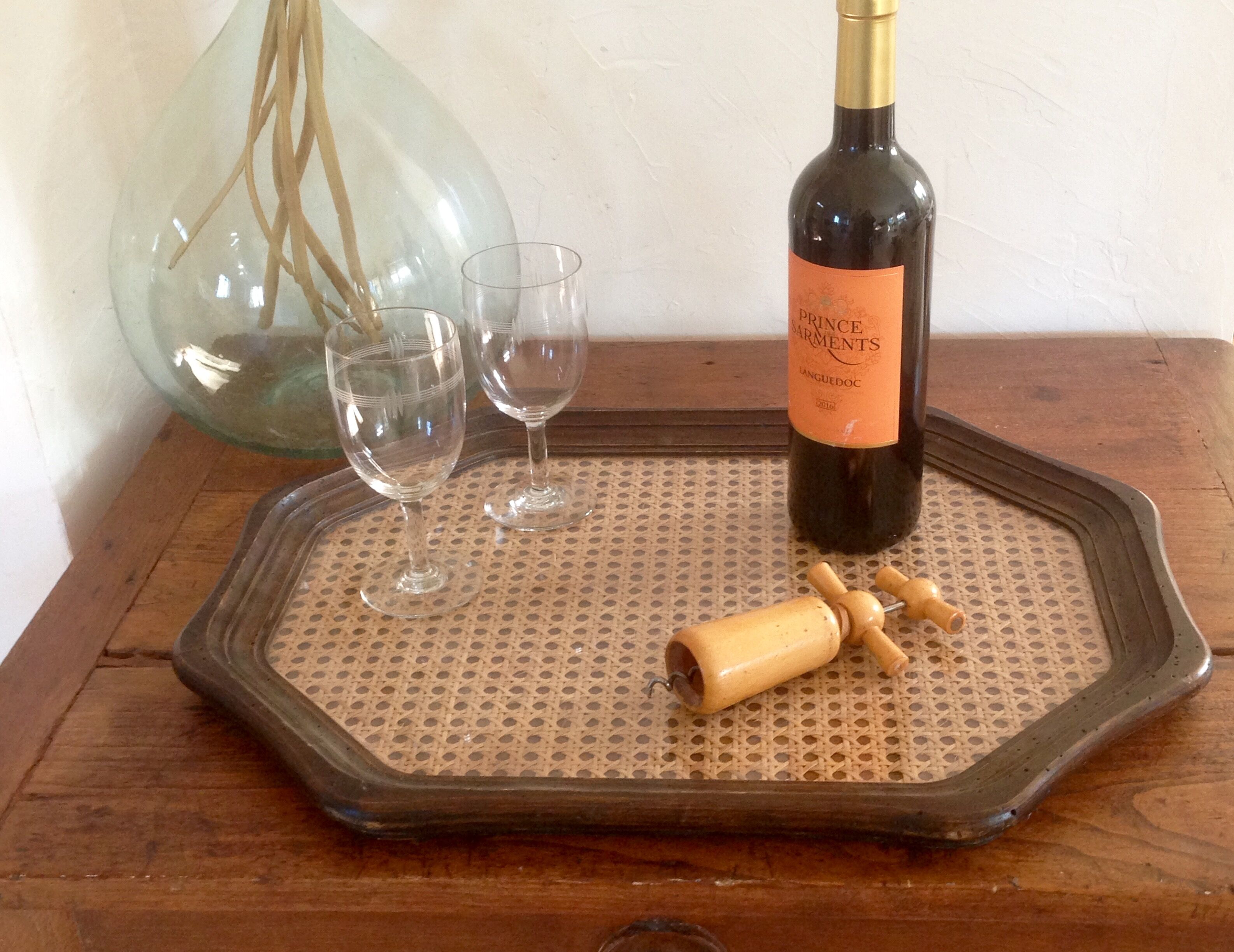 Glass tray, wood and caning