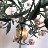 Lustre cage tôle et fleurs émaillées 19ème siècle