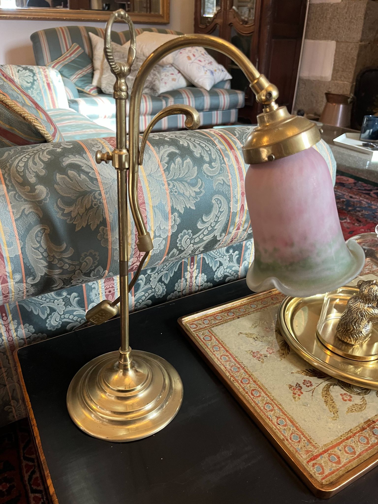 Vintage brass lamp with a swan neck/piano design. Mid-20th century retro elegance.
