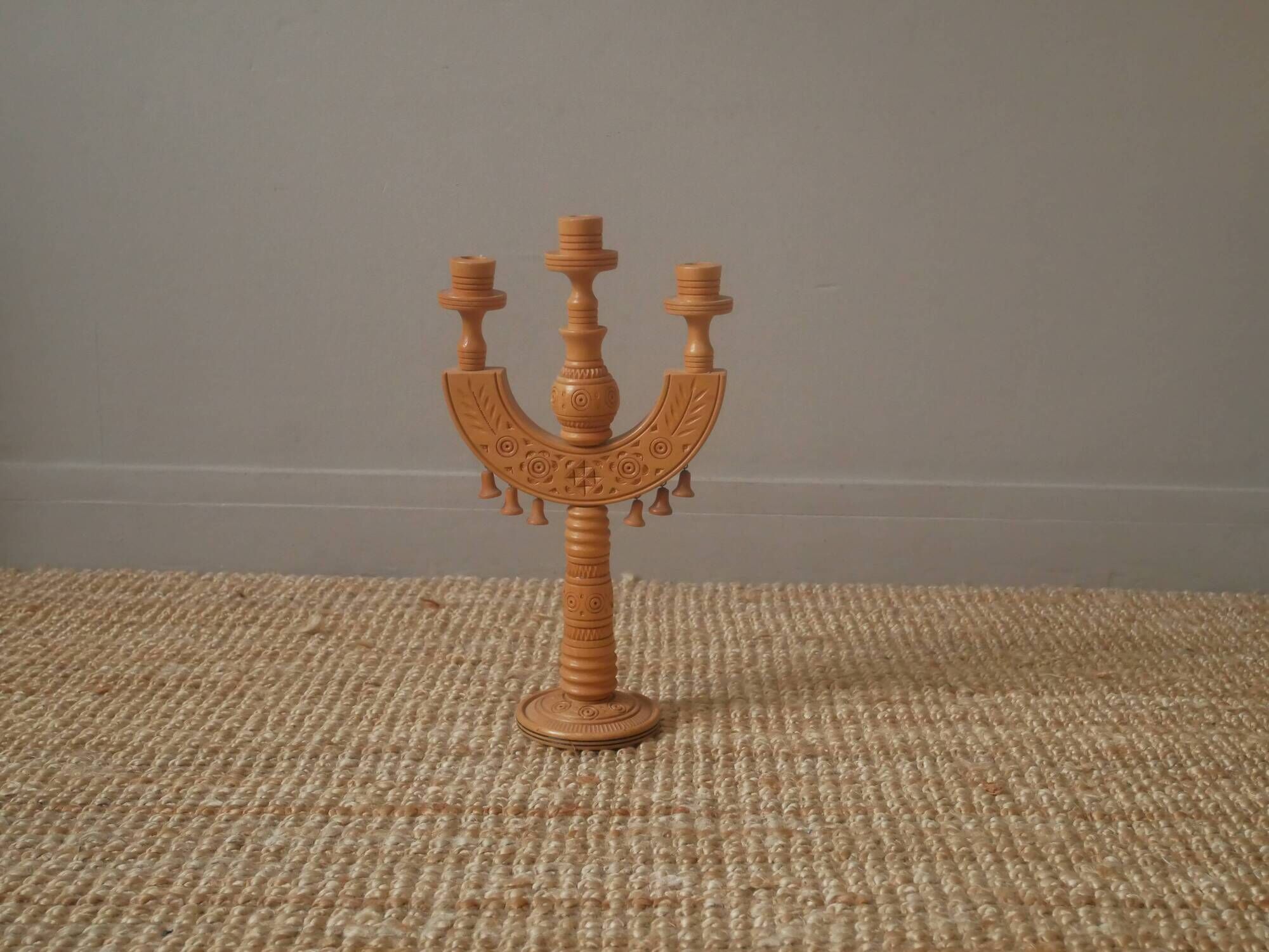 Candlestick candle holder candelabra old carved wood handcrafted Scandinavian folk decoration