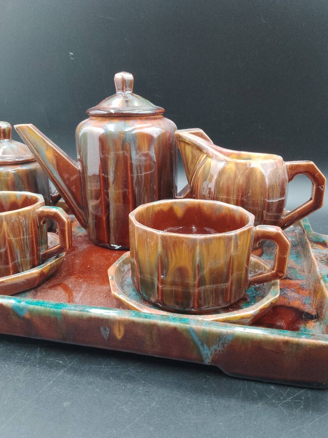 Tête-à-tête coffee service in Puisaye stoneware signed Louis Cagnat, Art Deco