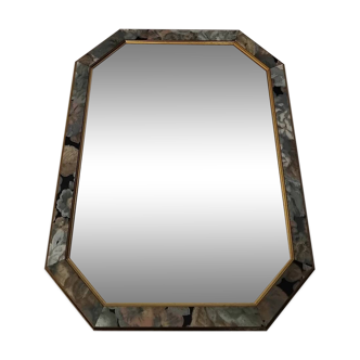 Ancien Miroir Octogonale 45x35 Au Décor Fleuri Année 80 Vintage