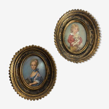Pair of old portraits on ivory Rococo style