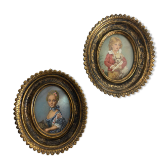 Paire de portraits anciens sur ivoire style Rococo