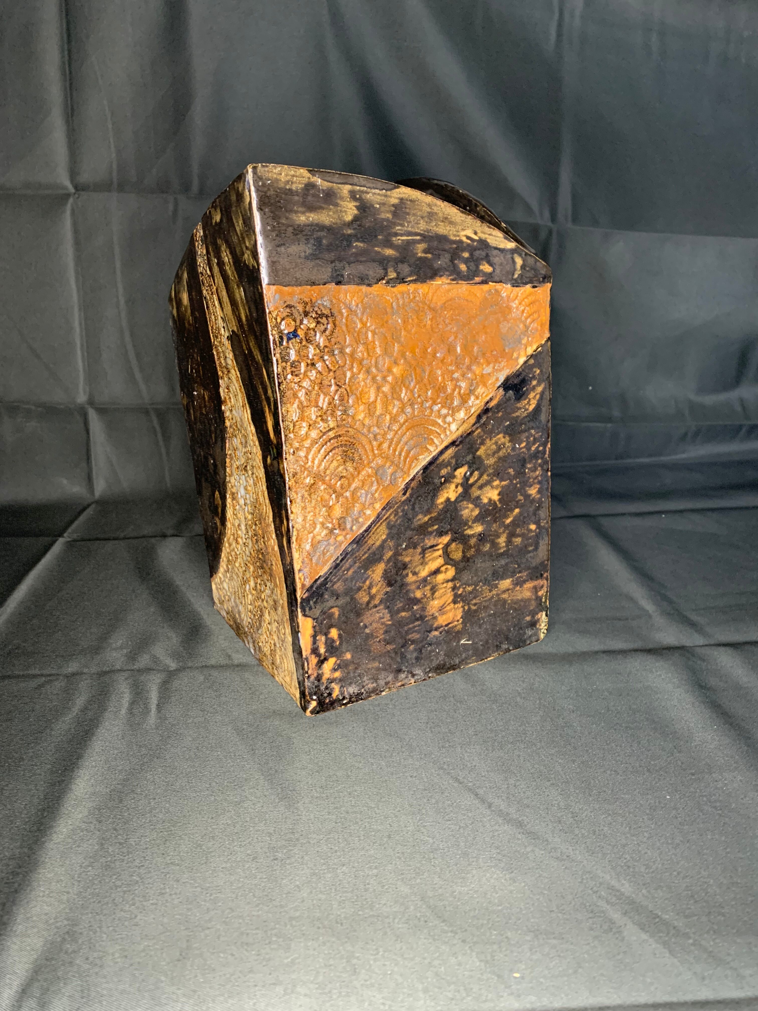 Vintage brown square ceramic vase