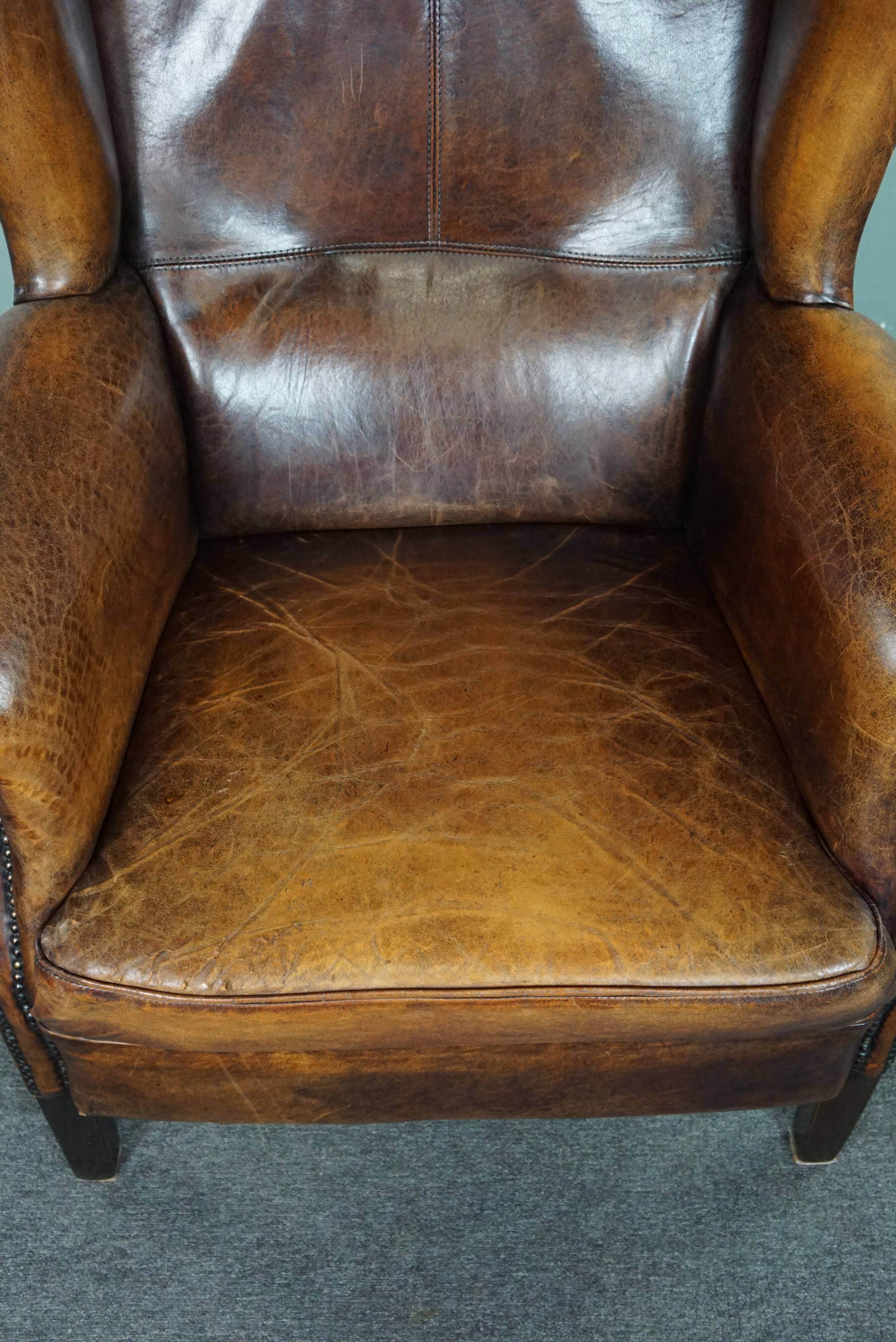 Dark wingback armchair made of sheep leather with stunning colors