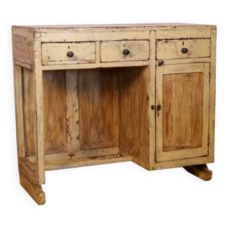 Antique art deco desk in Burmese teak with yellow patina - original ecru