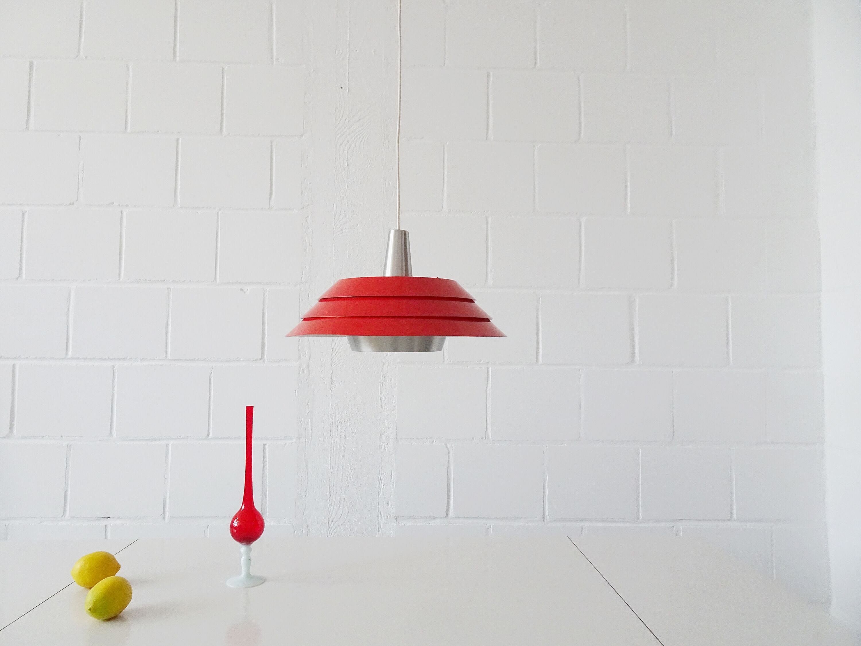 Metal hanging lamp red Mid Century Scandinavian design, pendant light