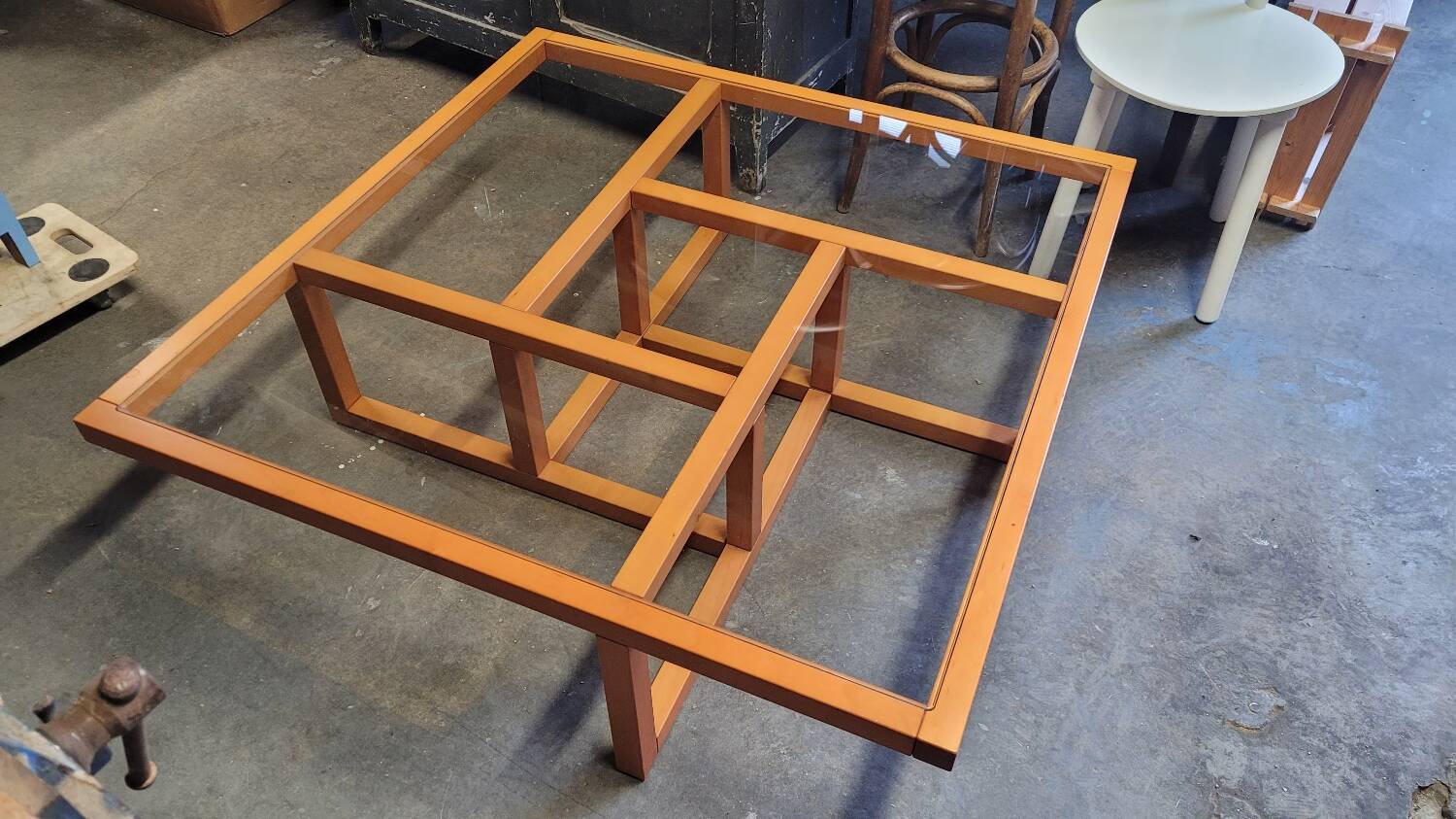 Modernist vintage square coffee table, in wood and old glass