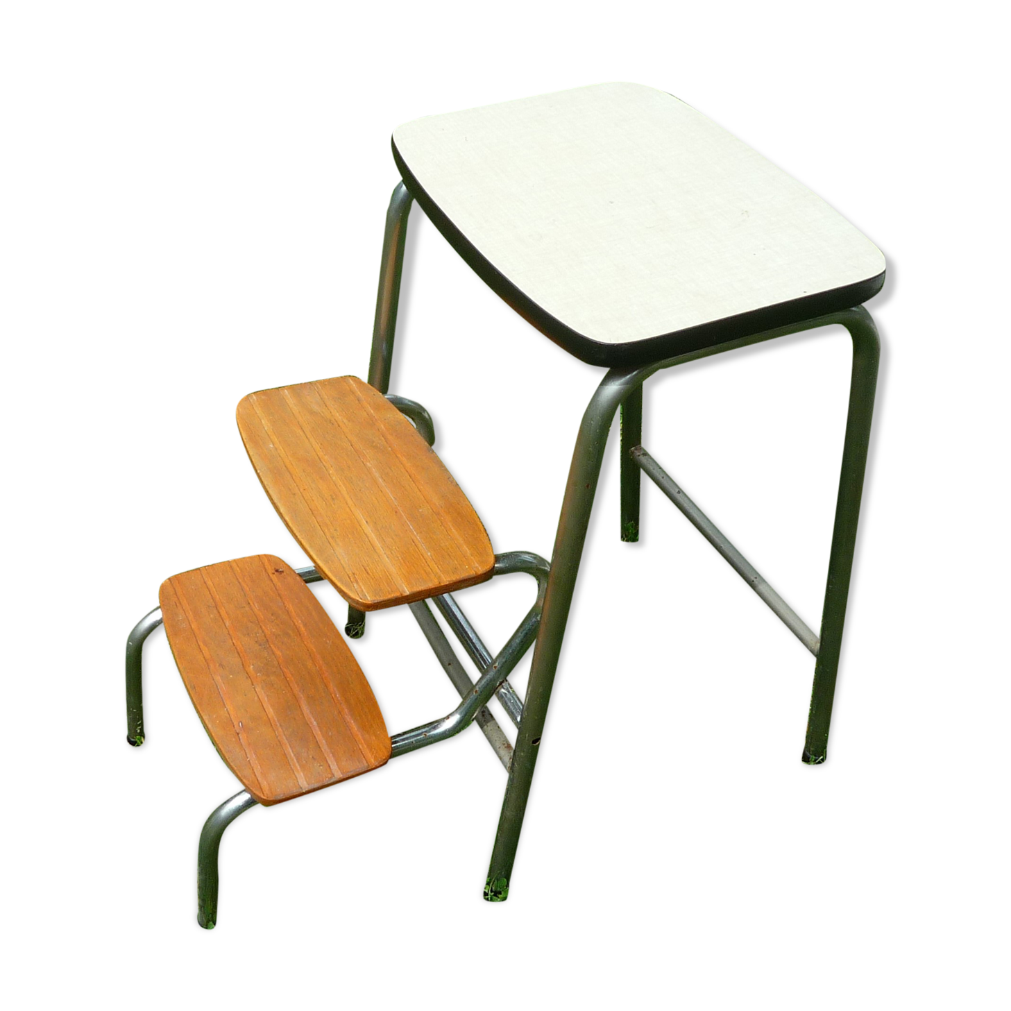 Retractable kitchen stepladder, wood and formica, vintage 60s