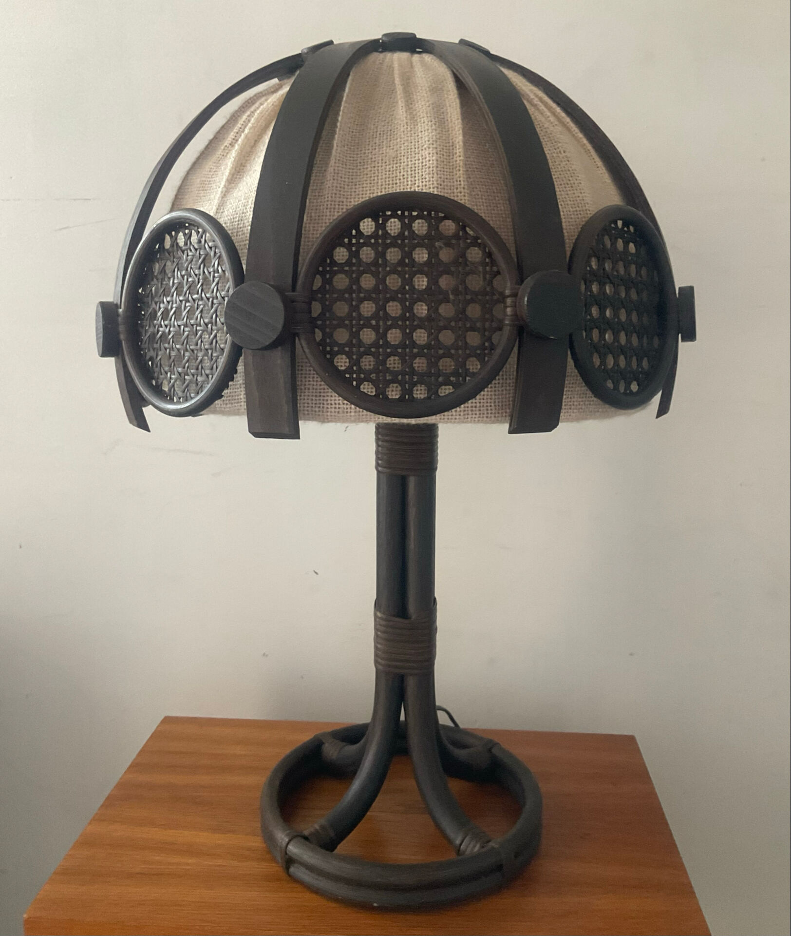 Vintage lamp in rattan, caning and jute fabric from the 1970s.