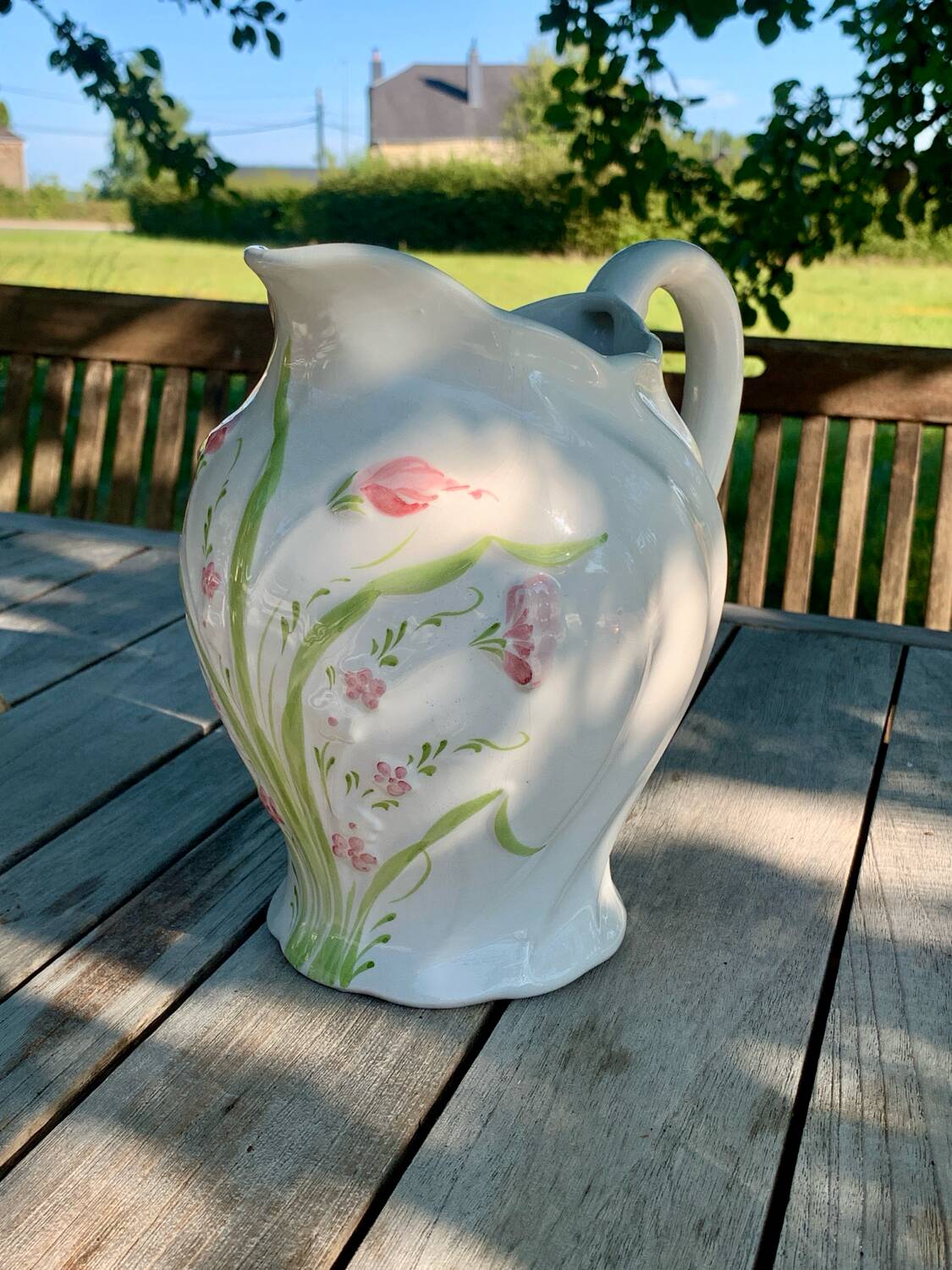 Vintage pink flower slip pitcher
