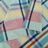 Blue cotton tablecloth with vintage multicolored checks and stripes