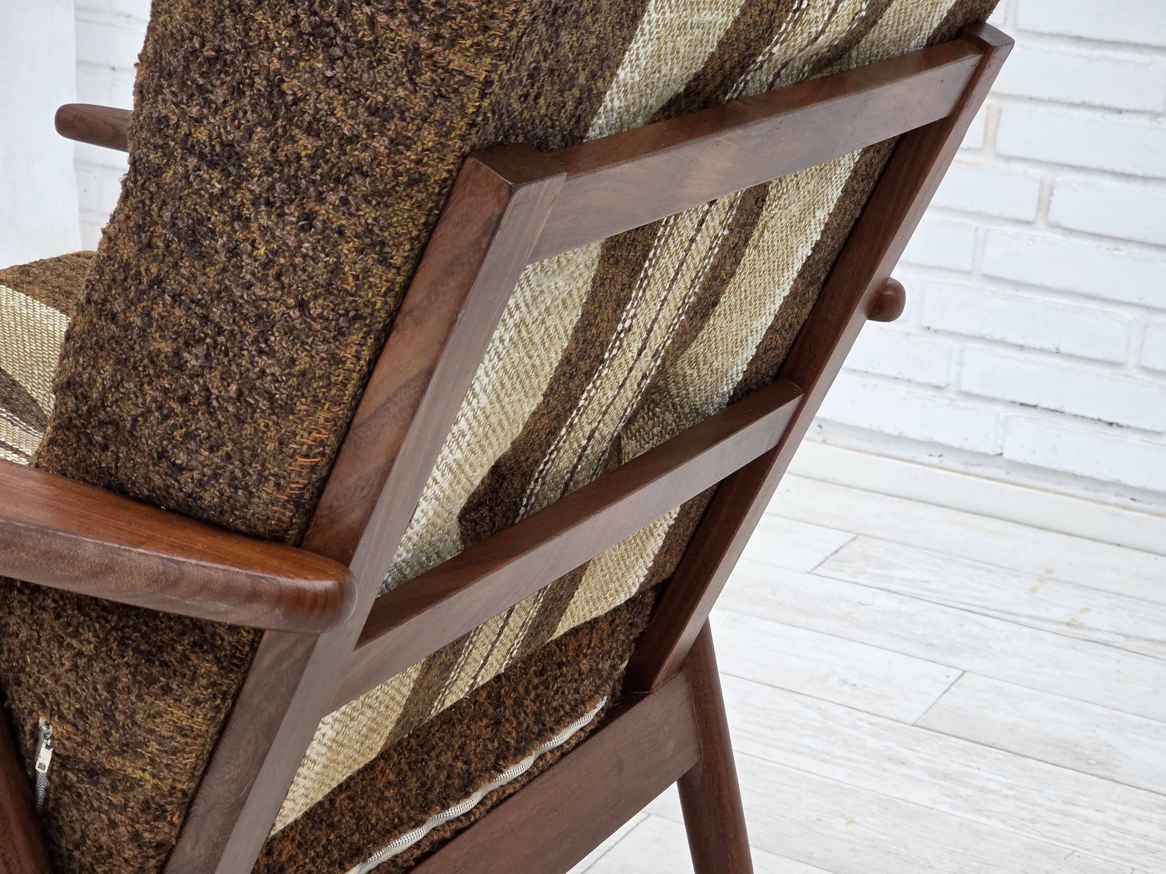 1970s, Danish armchair, teak wood, furniture wool fabric.