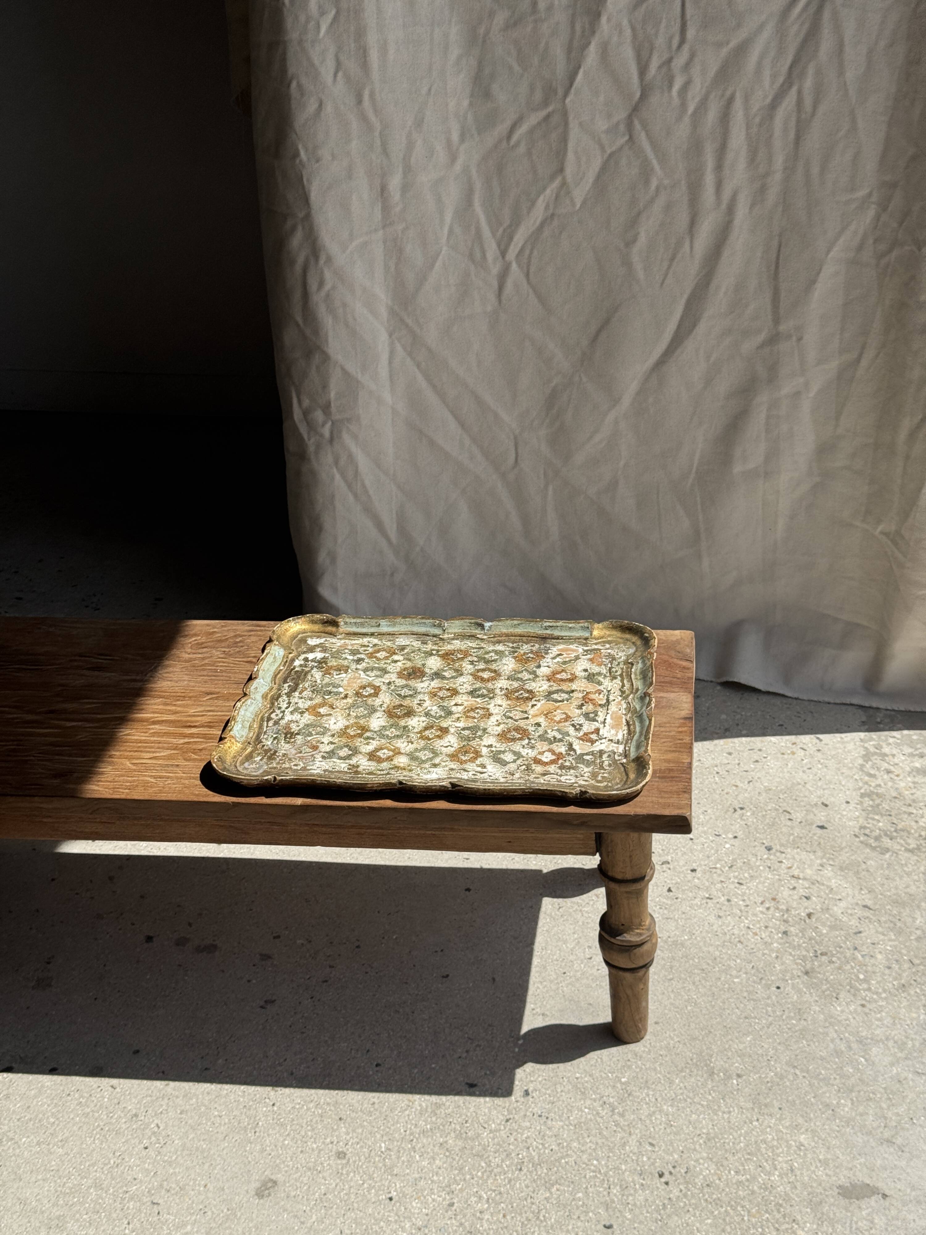 Large wooden tray hand-painted with blue and gold floral ornaments L48x38