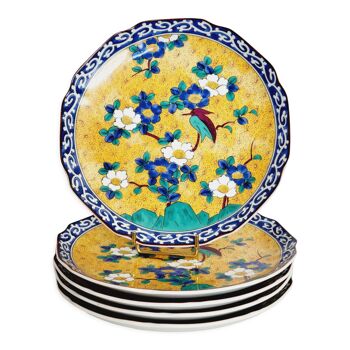 5 plates in Japanese porcelain Kutani decoration flowers and bird