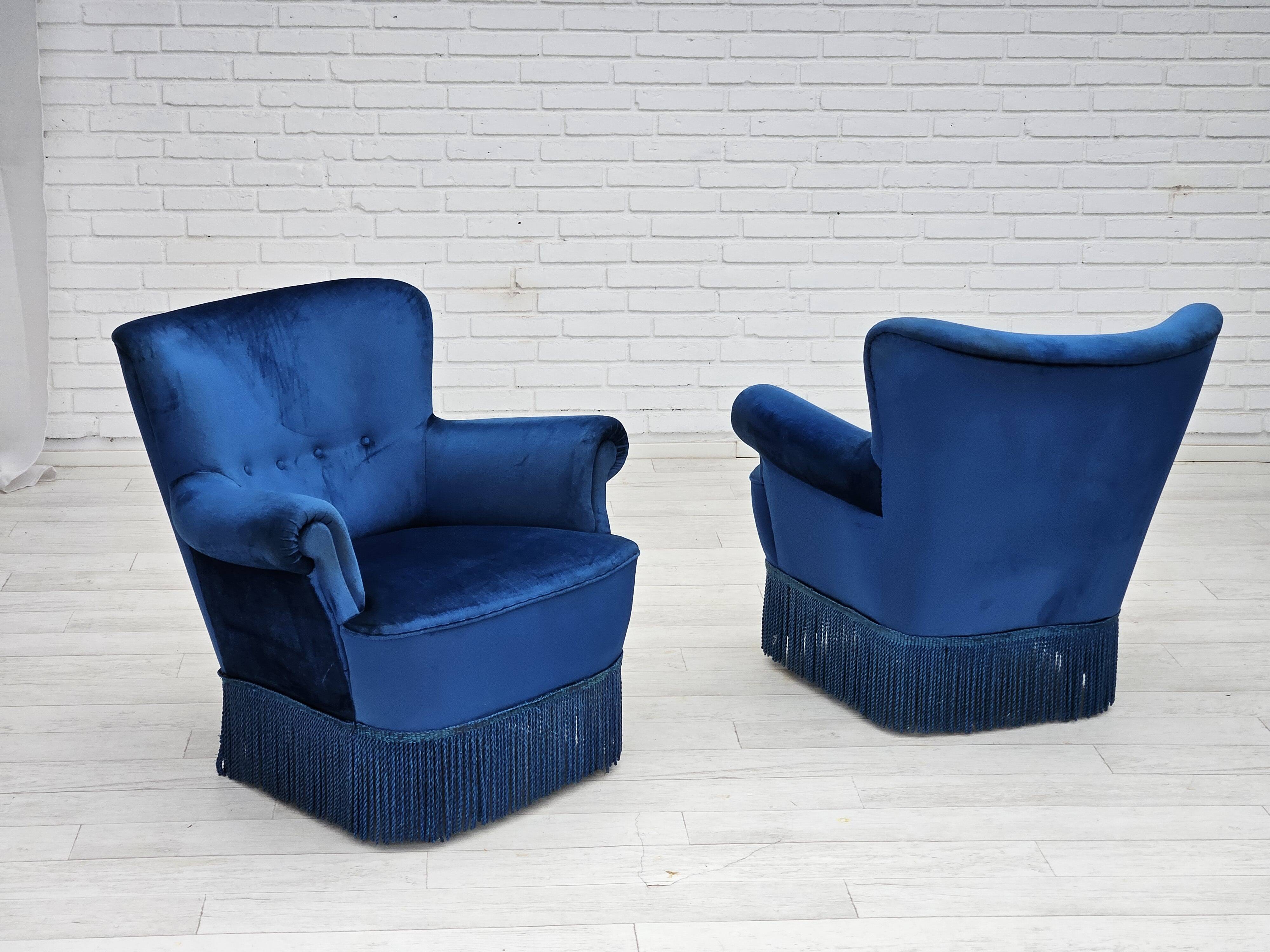 1960s, Danish lounge chair, blue furniture velour, beech wood legs.