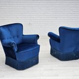 1960s, Danish lounge chair, blue furniture velour, beech wood legs.