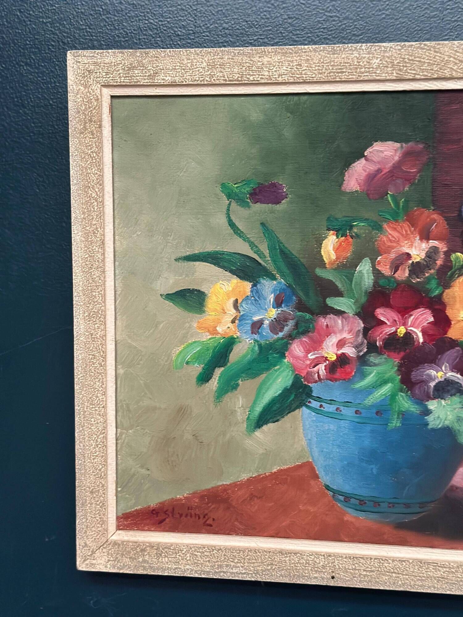 Original Swedish Oil on Canvas – “Pansies in Blue Vase” by G. Stränz