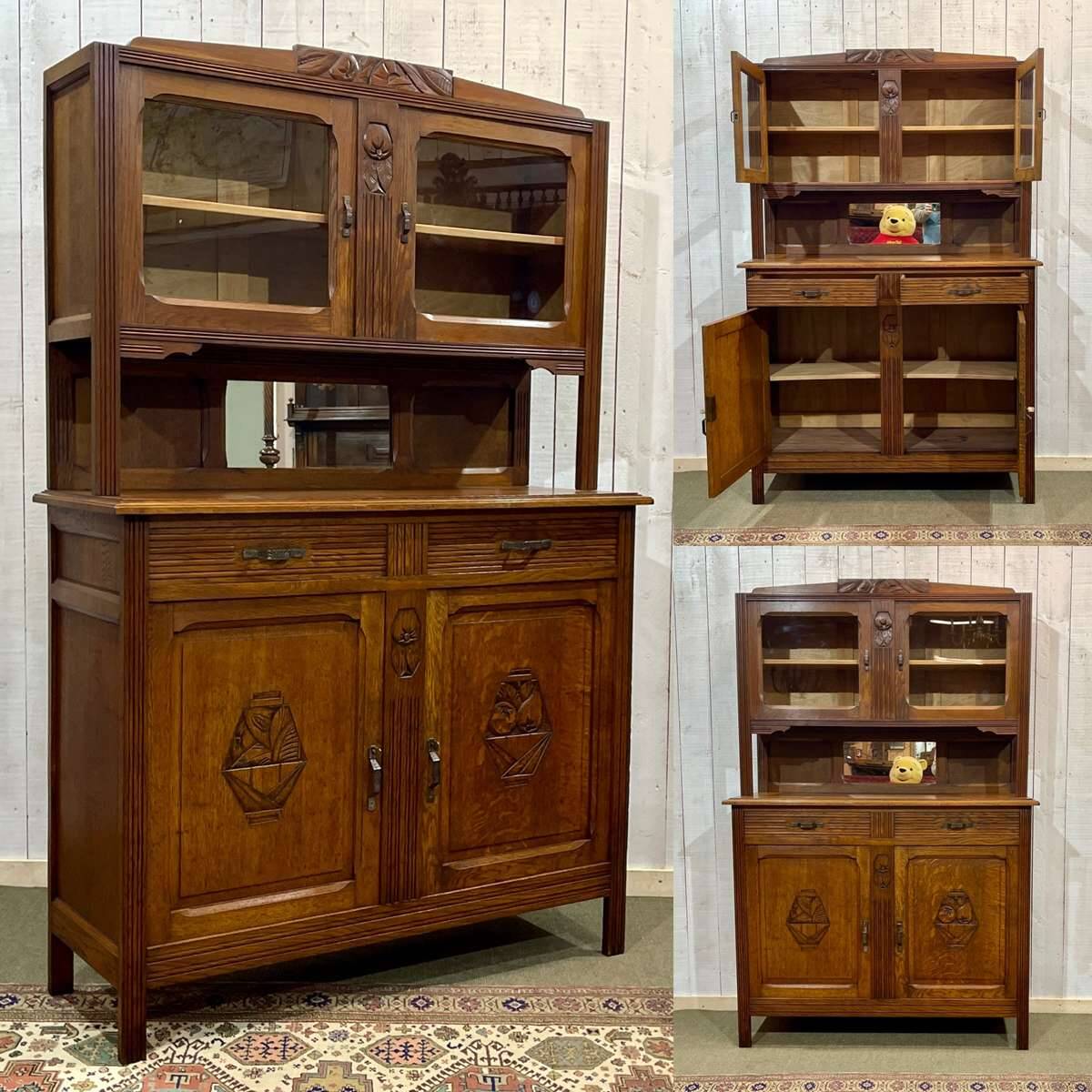 Two-piece Art Deco oak kitchen buffet from the 1930s