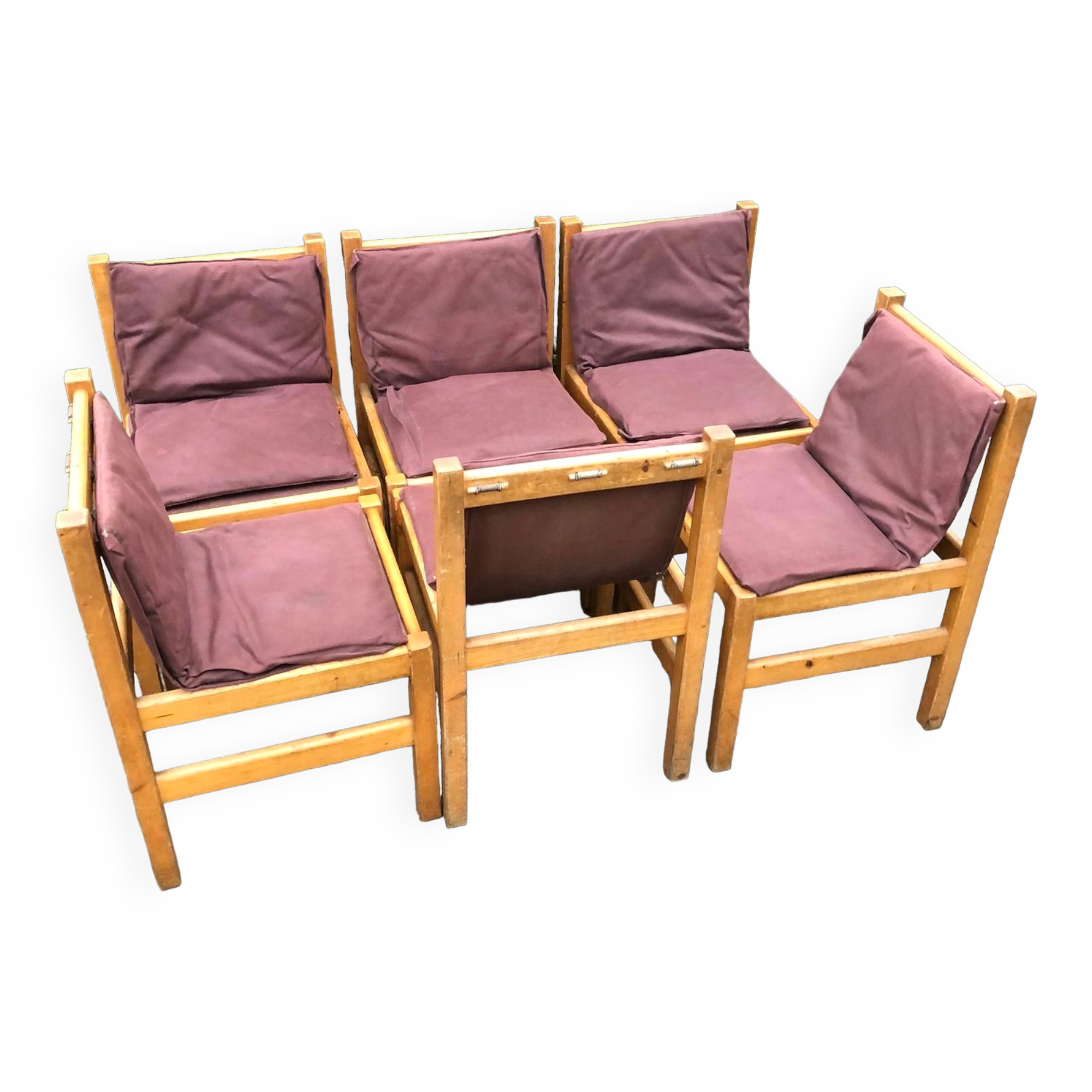 Set of 6 pine dining chairs sling seats canvas upholstery