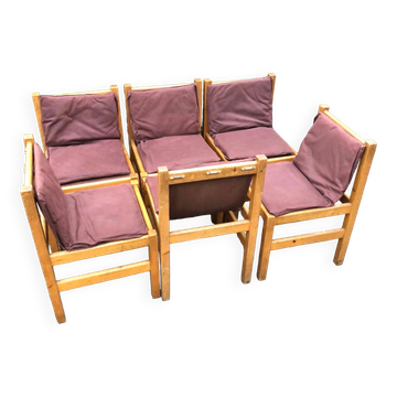 Set of 6 pine dining chairs sling seats canvas upholstery
