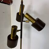 Lampadaire vintage moderniste marron et laiton à 3 spots, années 1960