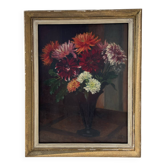 Peinture à l’huile signée « Laurent », datée 1957 – Bouquet de dahlias