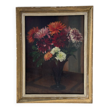 Peinture à l’huile signée « Laurent », datée 1957 – Bouquet de dahlias