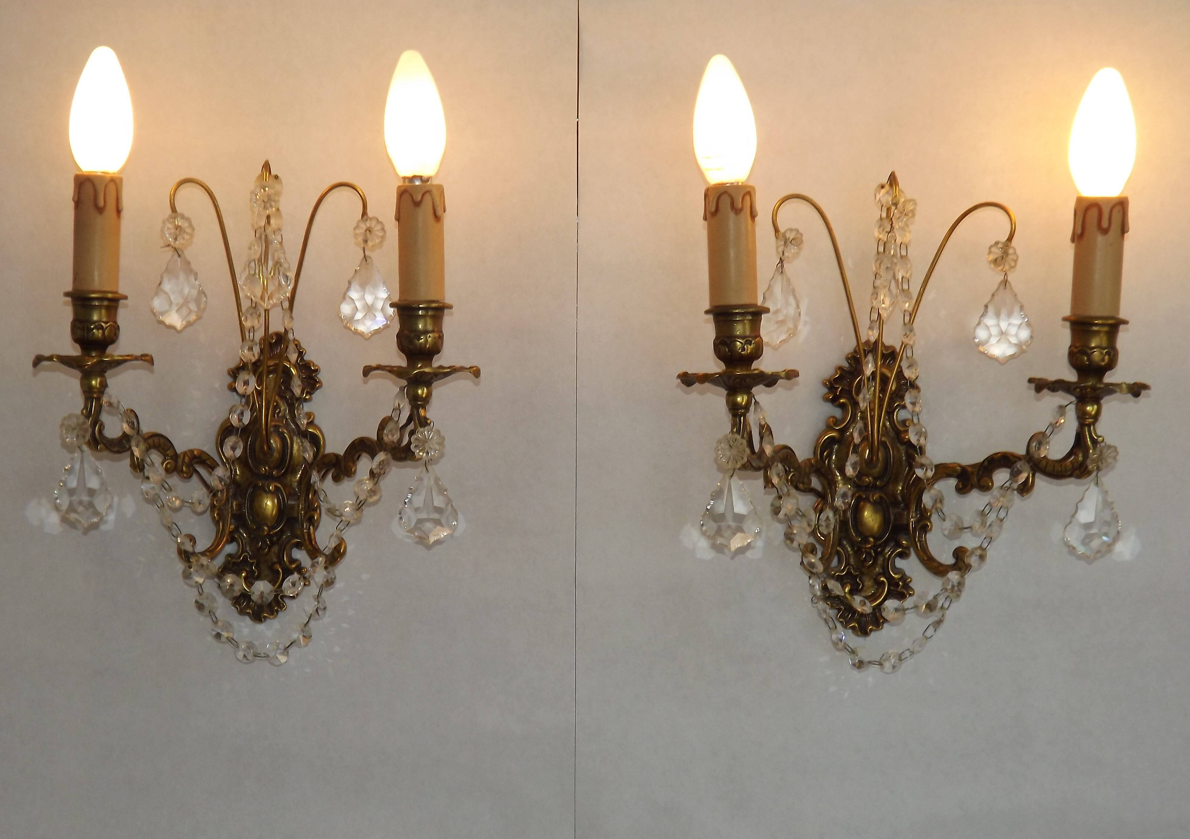 Pair of French Baroque Double Bronze Crystal Wall Lights Glass Bead Swags