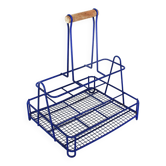 Vintage blue wire bottle crate with wooden handle