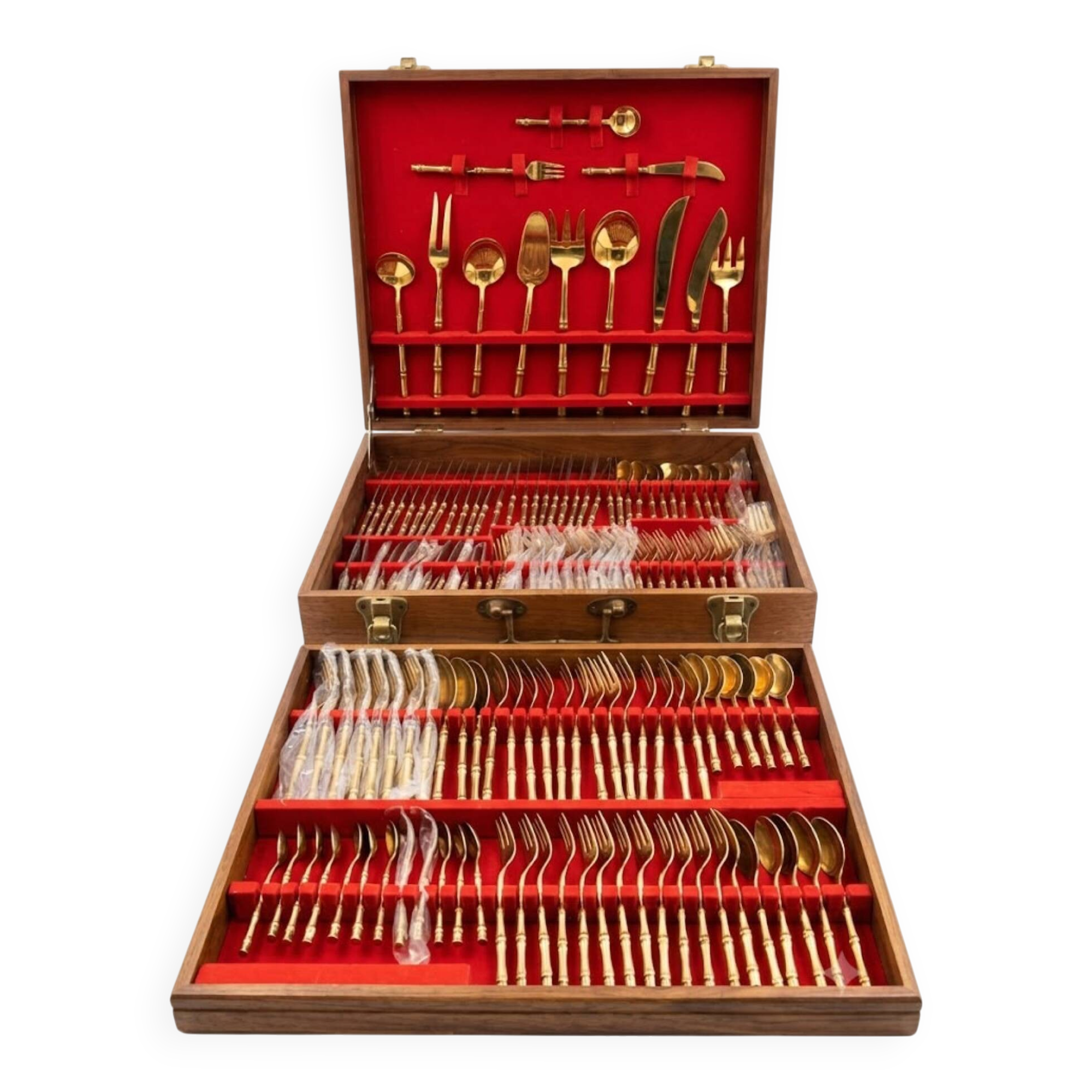 Ménagère complète Nickel Bronze doré Bambou coffret Vintage