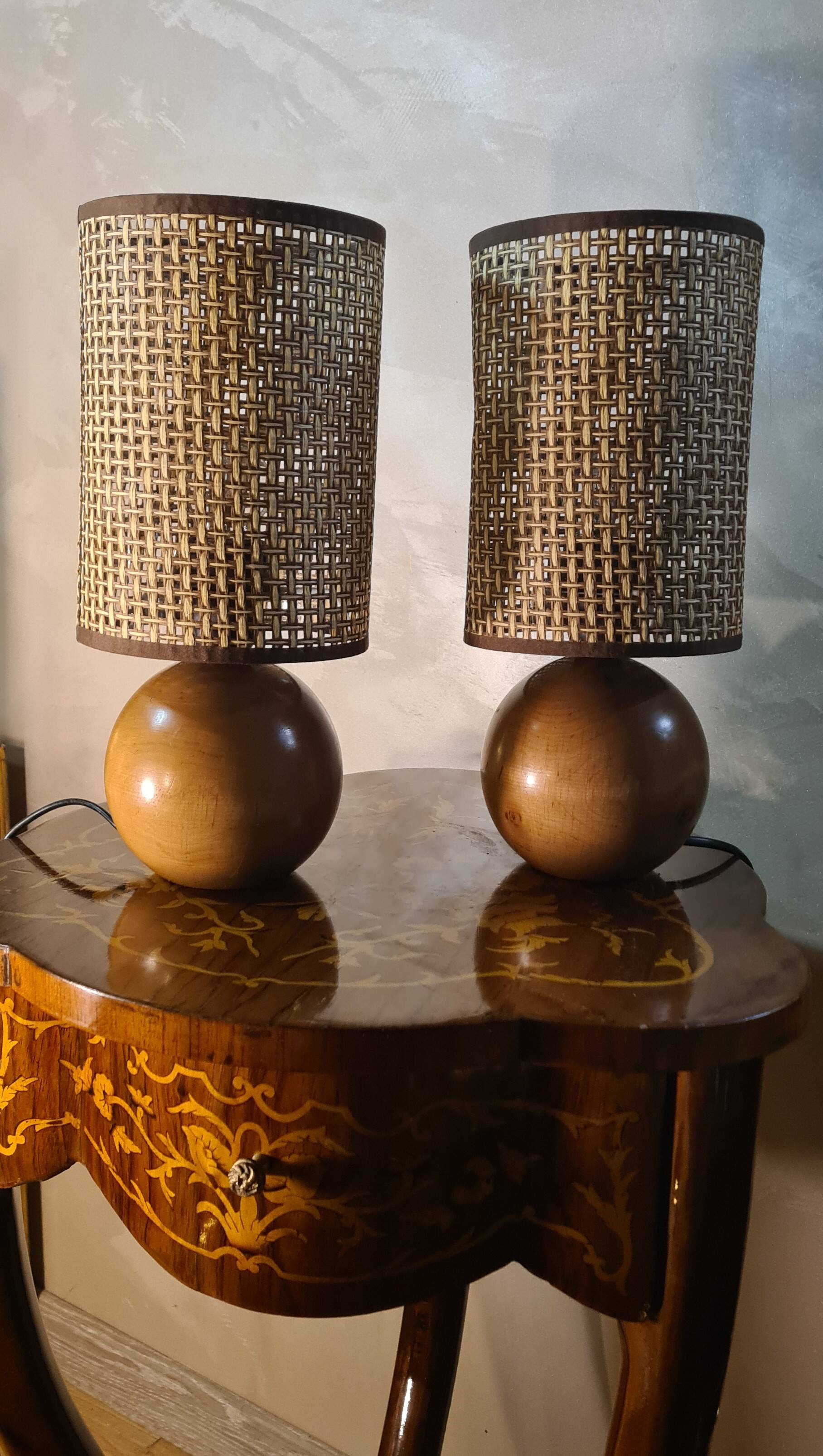 pair of Scandinavian wooden ball bedside lamps elec ok 32x14