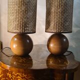 pair of Scandinavian wooden ball bedside lamps elec ok 32x14