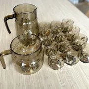 Large vintage orangeade service with smoky glass, country decor from the 70s - 14 pieces.