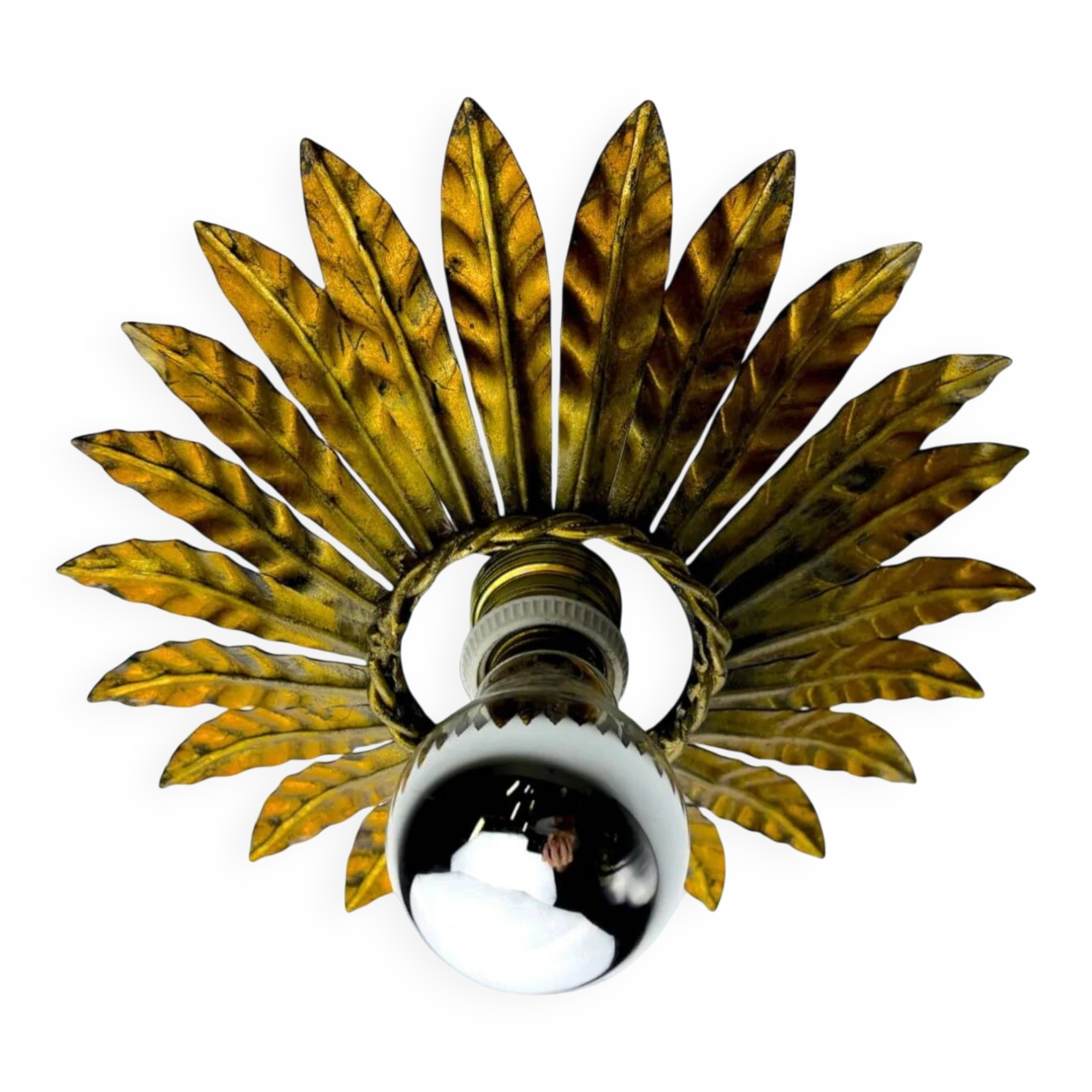 Spanish sunburst flush mount light fixture in gilt iron, circa 1960s