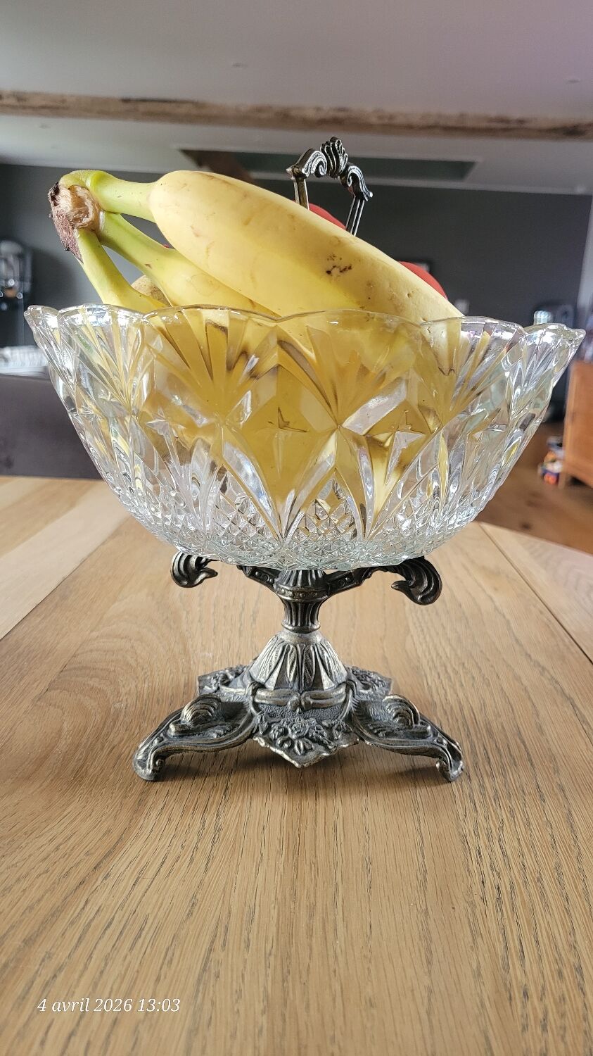 Cut glass bowl on a metal stand / compote dish