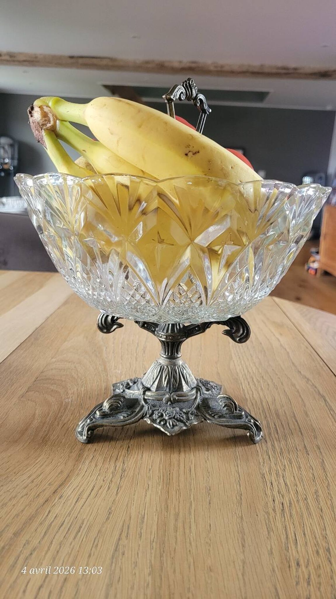 Cut glass bowl on a metal stand / compote dish