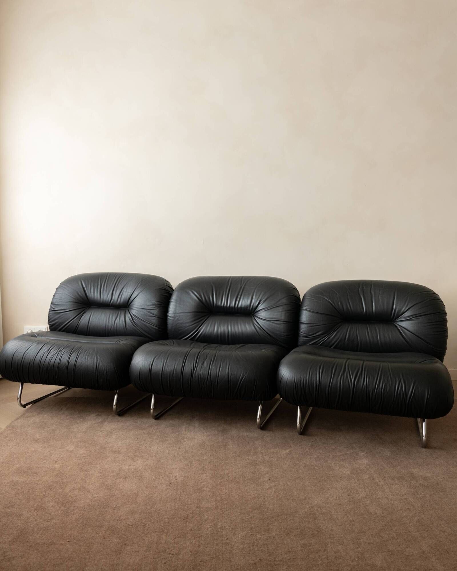 Italian Leather and Chrome Lounge Chairs, 1980s, Set of 3