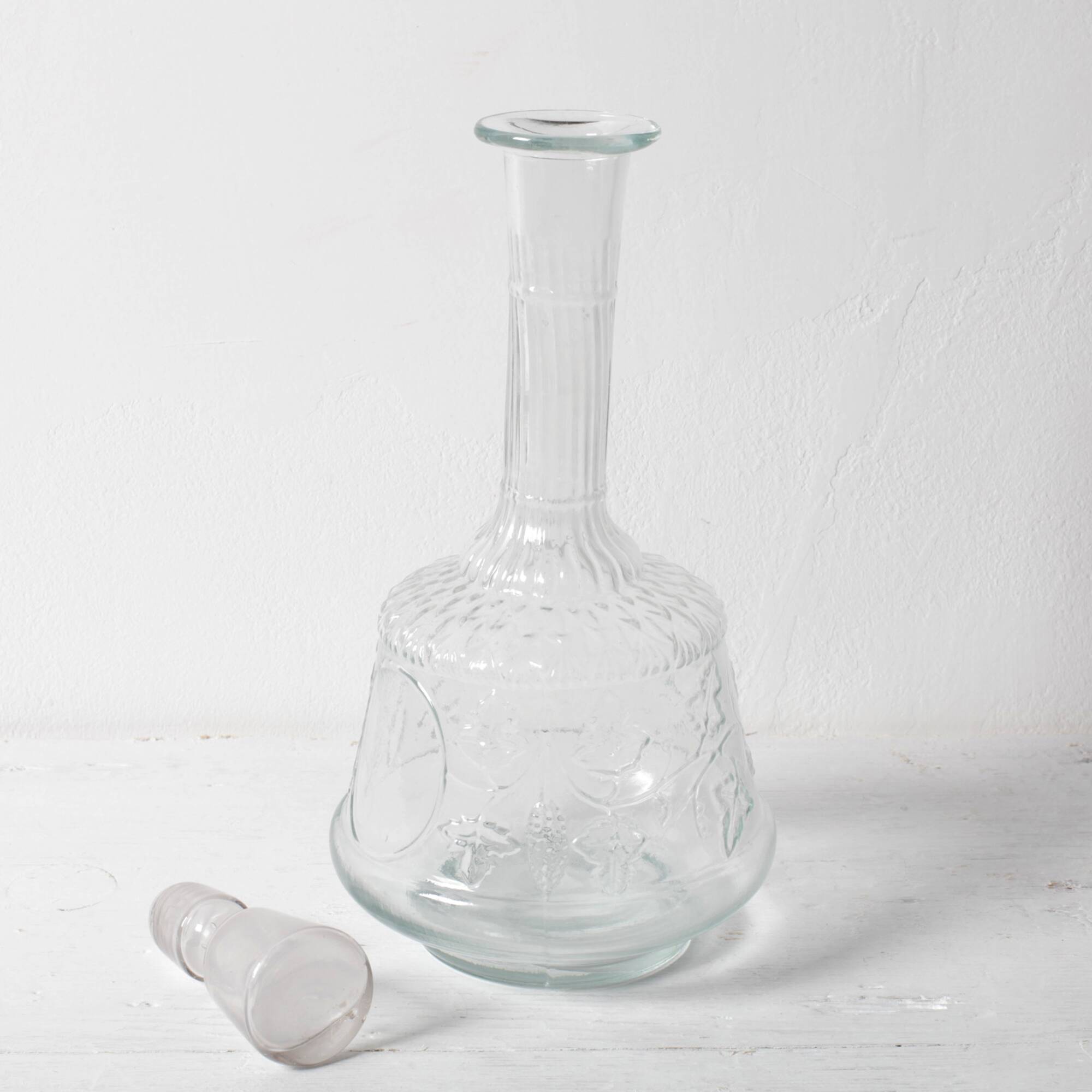 Clear Pressed Glass Floral Patterned Wine Bottle with Stopper / Italy /1930