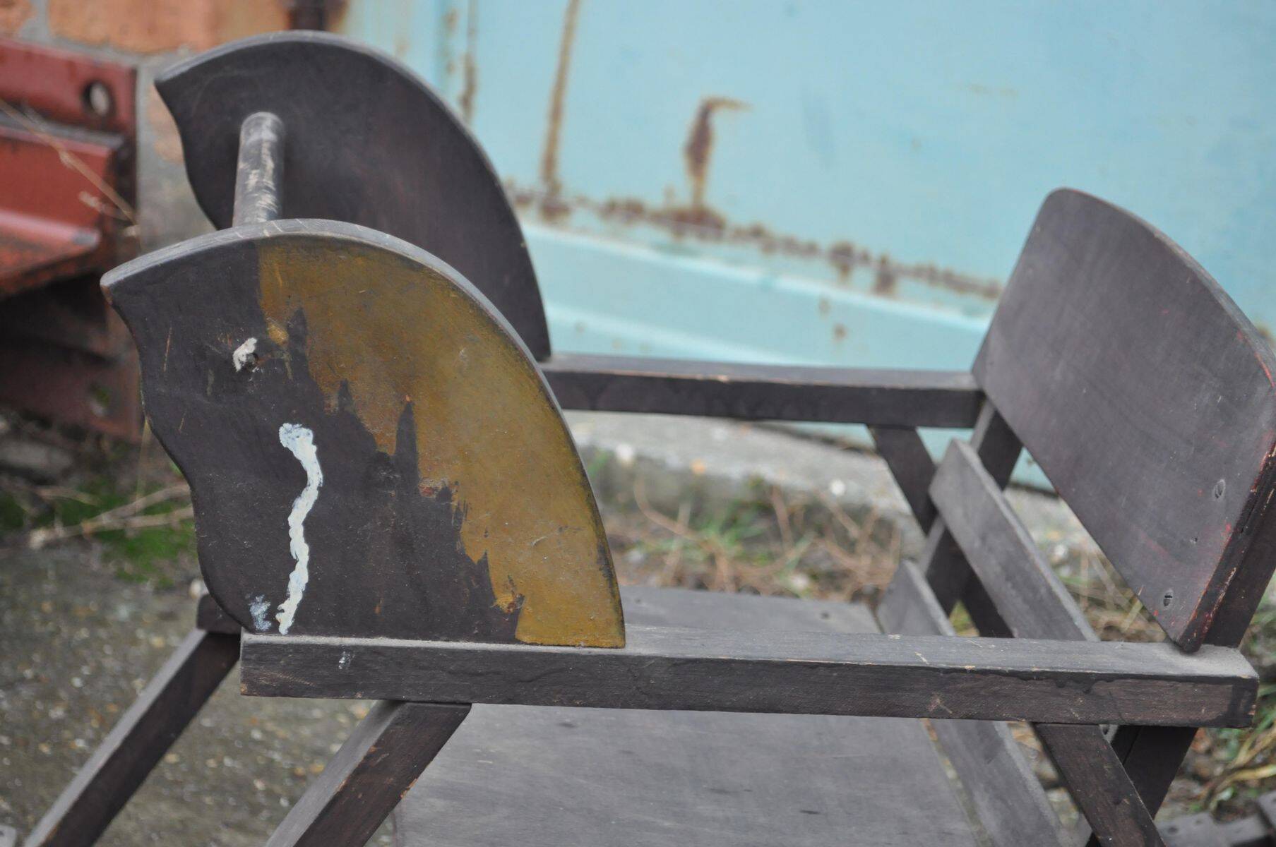 Vintage wooden rocking horse in painted brown — 1950s, Czech Republic
