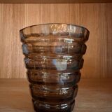 Daum Art Deco vase signed DAUM Croix de Lorraine Nancy FRANCE, smoked glass, faceted vase.