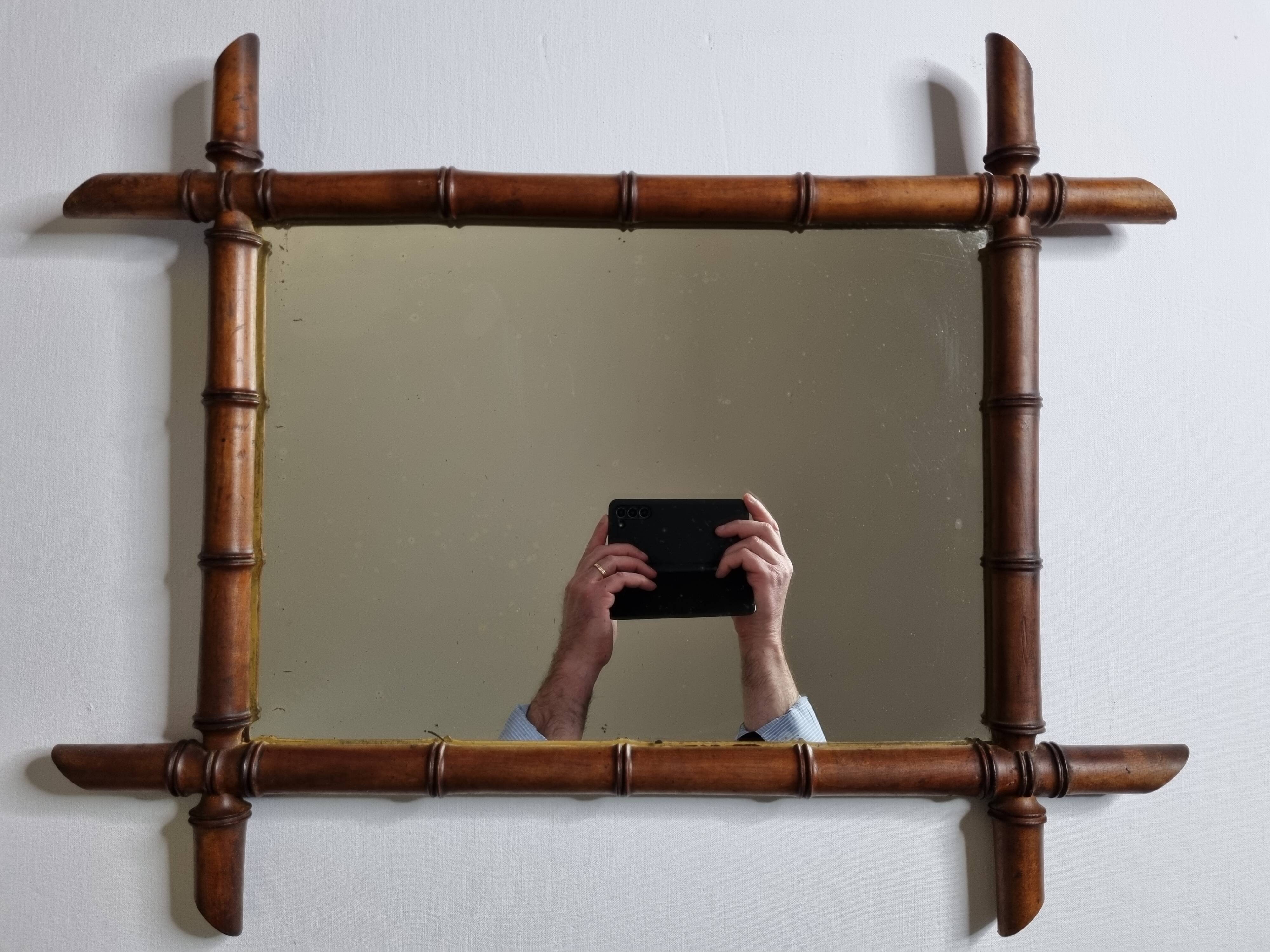 Turned wooden mirror in imitation of bamboo, mid-century, 50 cm x 60 cm