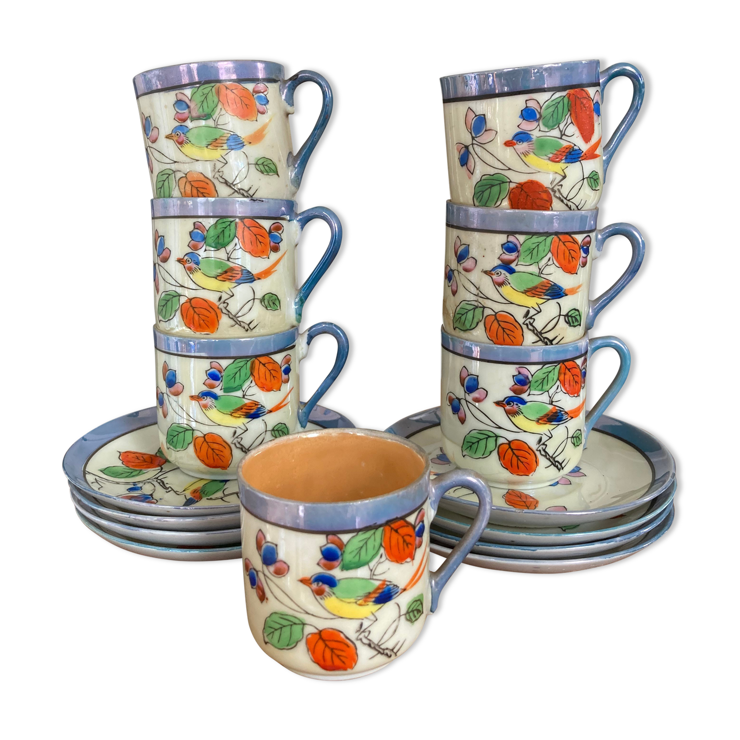 7 cups 1950 enamelled china saucers coffee or tea painted decoration birds