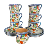 7 cups 1950 enamelled china saucers coffee or tea painted decoration birds