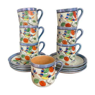 7 cups 1950 enamelled china saucers coffee or tea painted decoration birds