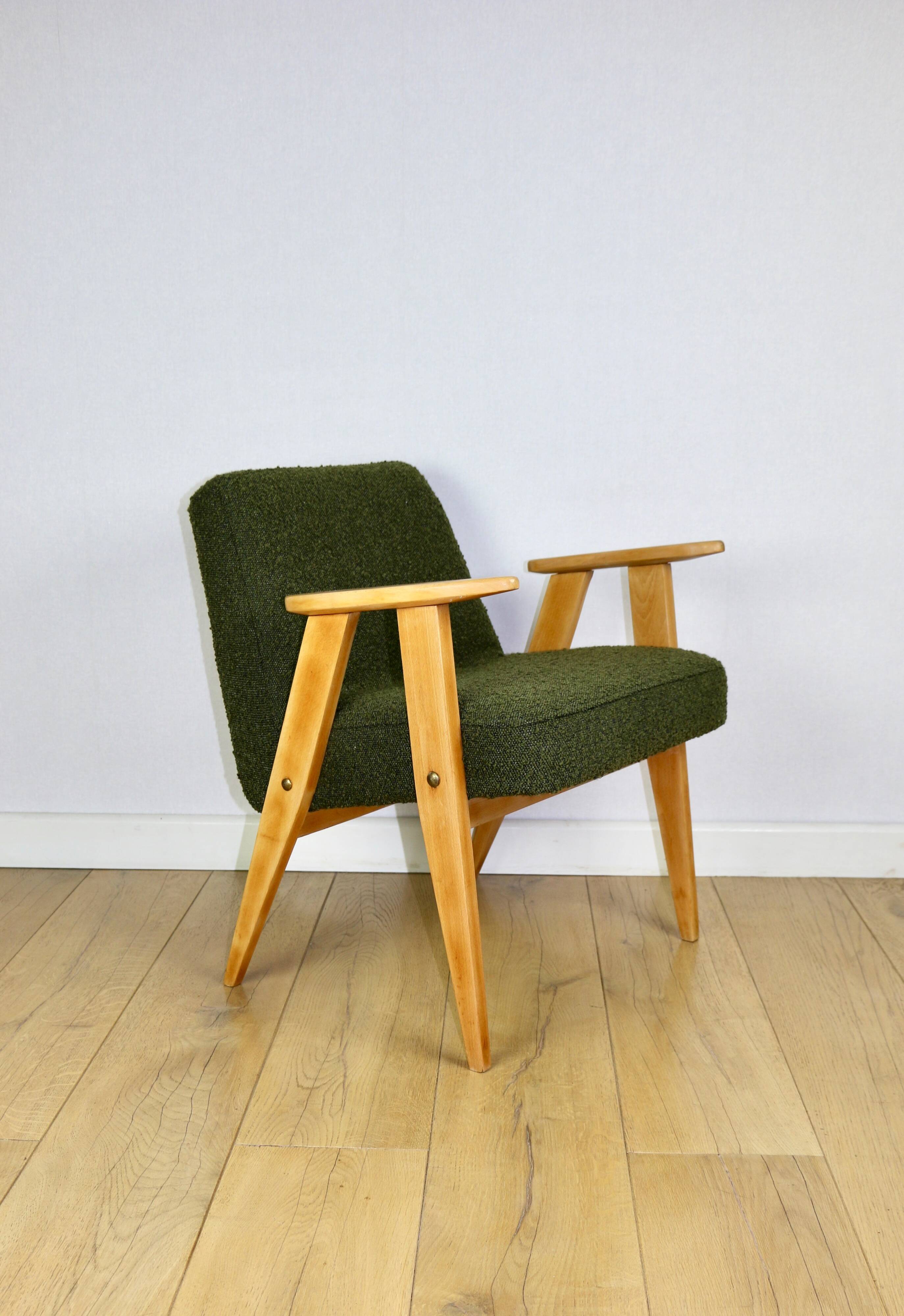 Chierowski 366 armchair, 1970s, olive green vintage boucle - light wood